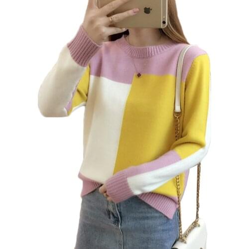 Women Sweater Autumn Winter Casual Candy Color Block Patchwork O-neck Loose Knit Clothing Basic Bottom Knitwear Female Pullovers