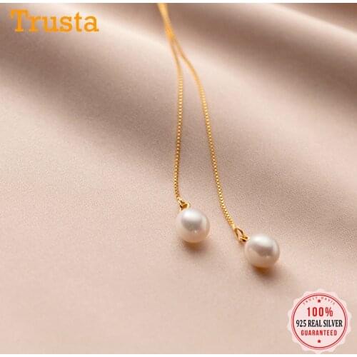 Trustdavis Genuine 925 Sterling Silver Fashion Sweet Freshwater Pearl Long 10cm Linked Ear Line For Women Wedding Jewelry DB243
