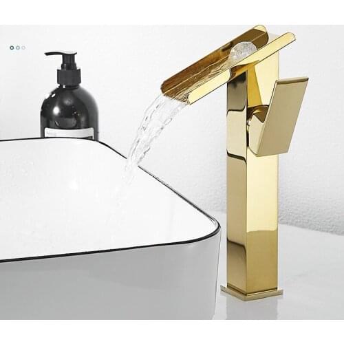 Tuqiu Hot Cold Basin Faucet Bathroom Waterfall Gold Sink Faucet Single Lever Brass Crane Brass Decked