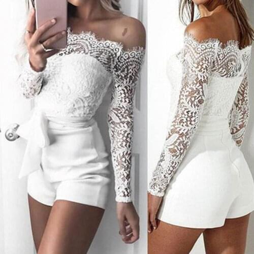 Party Sexy Women Solid Color Off Shoulder Long Sleeve Bandage Lace Jumpsuit Women Playsuit Party Jumpsuit Romper