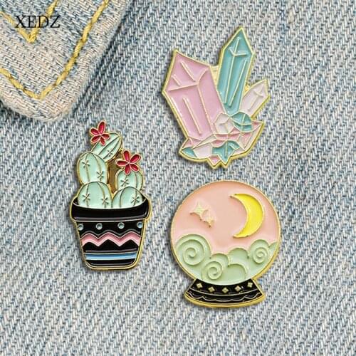 XEDZ Moon crystal glass ball crystal potted enamel brooch cartoon cactus sun badge jewelry gift