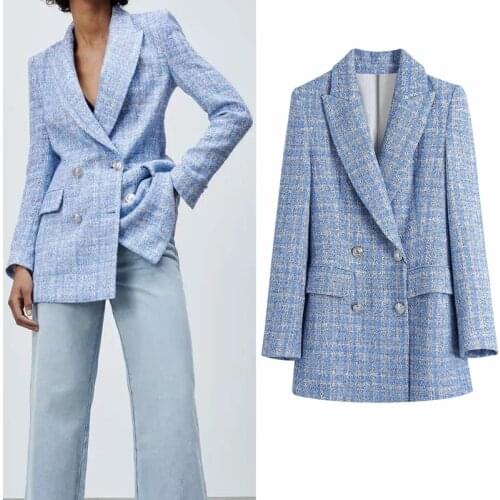 2021 Spring New Za Blazer Women Blue Vintage Textured Plaid Female Suit Fashion Tweed Double Breasted Long Sleeve Woman Jacket