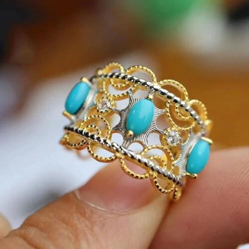S925 Sterling Silver Inlaid Natural White Jade Sleeping Beauty Ring Vintage Turquoise Lace Hollow Ornament Womens Ring
