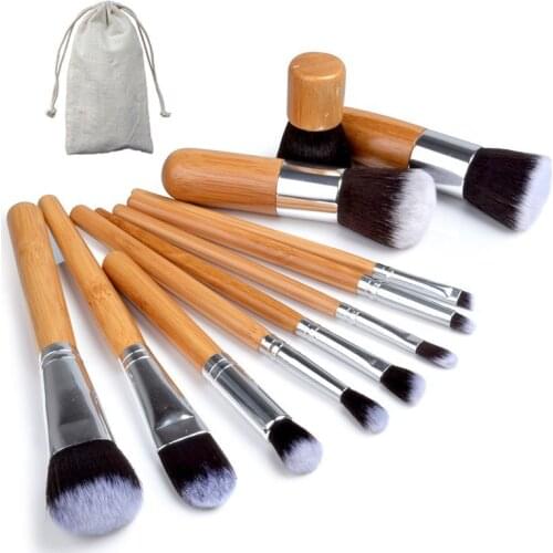 11PCS Fashion Bamboo Makeup Brushes Set with Bag Cosmetics Foundation Make Up Brush Tools Kit for Powder Blusher Eye Shadow