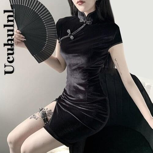 Ucuhulnl Velvet Dress Chinese Cheongsam Harajuku Sexy Dress Summer Skinny Slim Dress Gothic Punk Black Pink Retro Vestidos