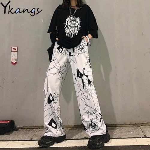 Wide Leg Pants Baggy Pants 3D Geometric Printed Women Elastic Waist Loose Hip Hop Streetwear Harajuku Grunge Dark Pants Unisex