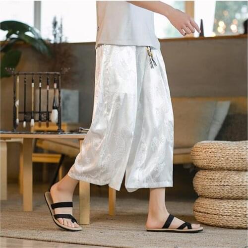 5XL Japanese Traditional Clothing Samurai Dragon Print Men Summer Harajuku Solid Color Pants Modern Wide Leg Trousers Streetwear