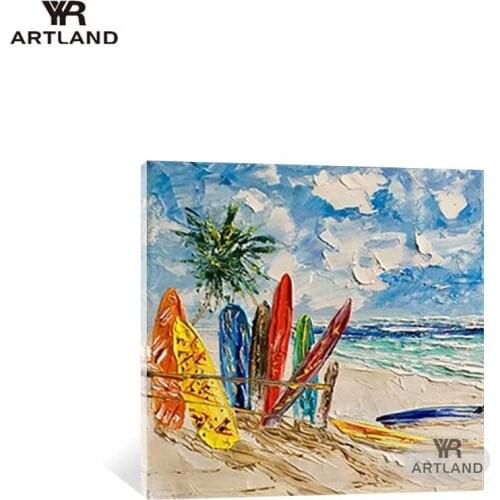 Pure Hand drawn acrylic painting abstract modern sea scenery blue sky and seaside for wall home decoration art picture for room