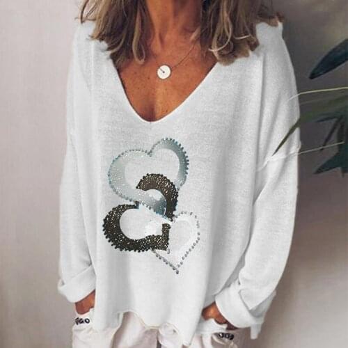 Loose 5XL Ladies T-shirt Creative Love Printing V-neck Top Long Sleeve Oversized Spring Autumn Clothing Casual Hot Selling Tees