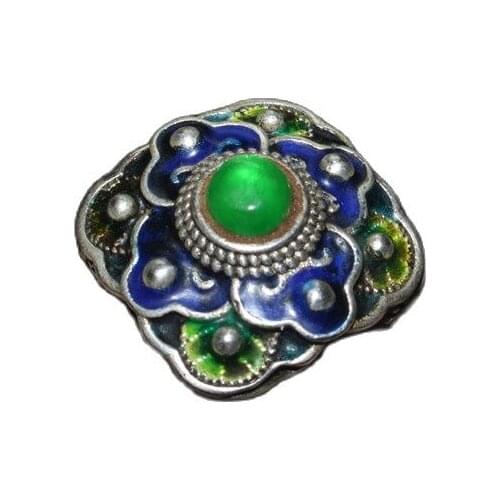 Chinese Old Craft Made Old Tibetan Silver Inlaid Green Jade Tetragonal Pattern Silver Ring