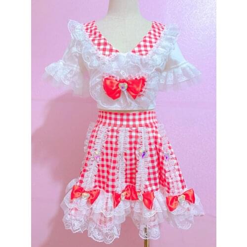 Sweet princess summer short-sleeved lace bowknot suit top + skirt plaid girl dream high waist college style victorian cos loli