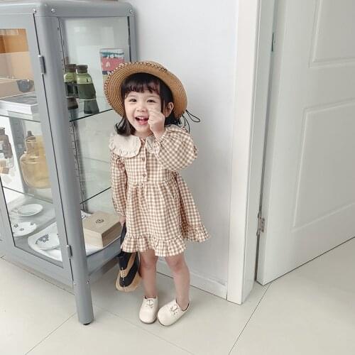 Dress For Girls 2021 New Children Clothing Korean Version Of Plaid Cotton And Linen Princess Dress Lotus Collar Children Dress