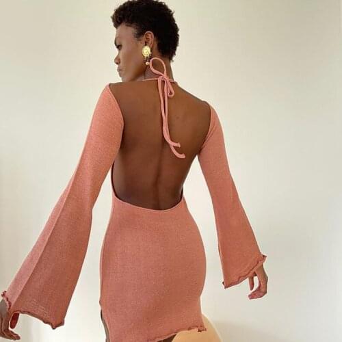 Sexy Backless Lace Up Mini Women Dress Casual V Neck Sweater Flare Sleeve Side Slit Slim Clubwear Party Dress Robe Lounge New