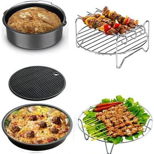 Stainless Steel Air Fryer Accessories Set Universal Round Roasting Rack Baking Pan Cake Heat-Resistant Air Fryer Kitchen Tool