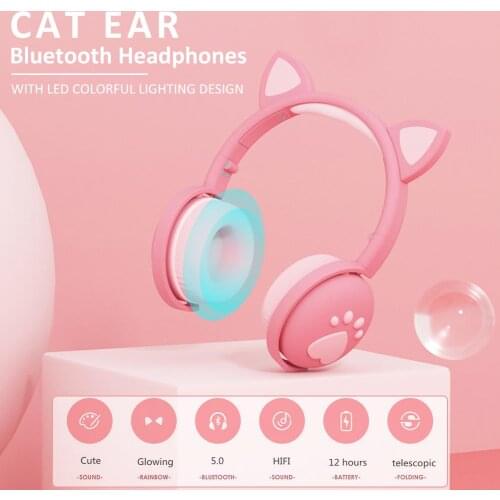 New LED Cat Ear Noise Cancelling Foldable Headphones Bluetooth 5.0 Young People Kids Headset With 3.5mm Plug With Mic