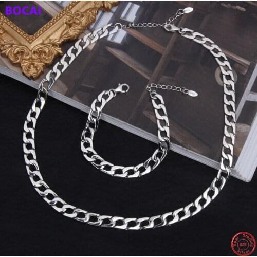 BOCAI S925 Sterling Silver Charm Necklace 2021 New Fashion Popular Thick Flat Chain Pure Argentum Neck Jewelry for Women Men