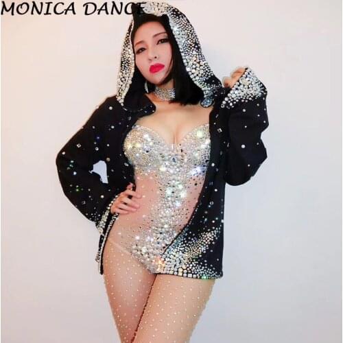 Women Sexy Rhinestone Leotard Black Jacket Women Nightclub Dj Dance Wear Bodysuit Outerwear Celebrate Outfit Performance Costume