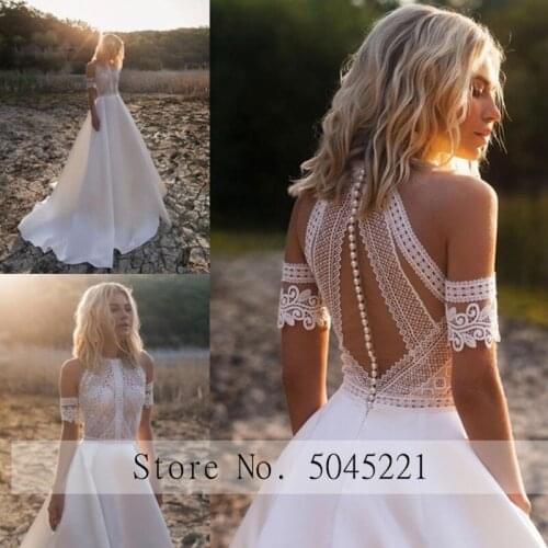 Robe De Mariee Bohemian Wedding Dresses 2020 New Design Lace Satin Bridal Gowns Arabic Dubai Button Back A-Line Wedding Dress