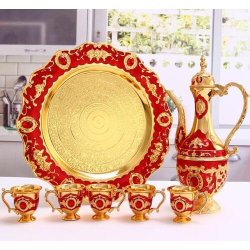 Luxurious Rose carving wine glass sets for wedding decorative Hip flask+storage serving tray+wine cup metal wine brewing JJ079