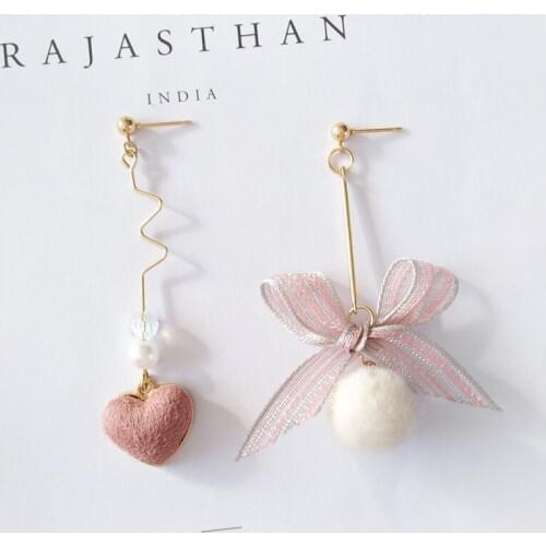 Pompoms Ball Long Chain Thread Pink Heart Clips Earrings No Pierced Kawai Lace-up Lace Butterfly Tie Bowknot Clip on Earrings