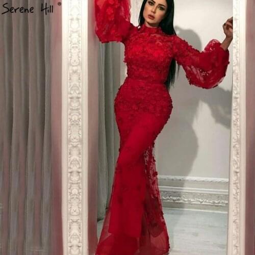 Muslim Long Sleeves High Neck Red Arabic Mermaid Evening Dresses Fashion Flowers Evening Gowns 2020 Serene Hill BLA60787
