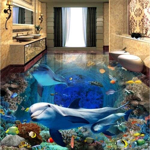 Wellyu Custom flooring painting underwater world dolphin mother and child love deep 3D floor painting floor tiles papel de pared