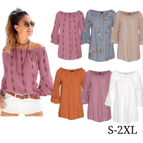 Woman Fashion Printed slash neck long boat-neck sleeve raised grain defect Cold Shoulder T-shirt