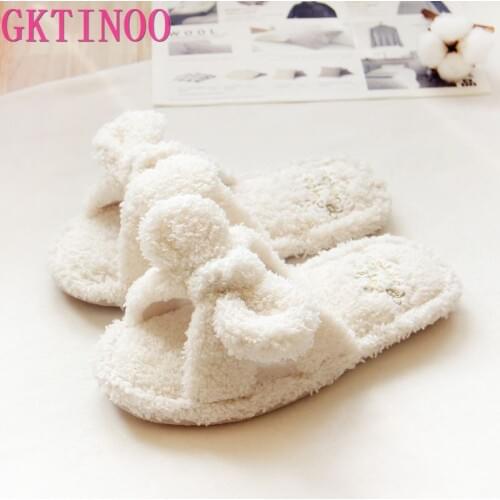 Flock Bowtie Spring Summer Women Home Slippers For Indoor Bedroom House Soft Bottom Cotton Warm Shoes Adult Guests Flats