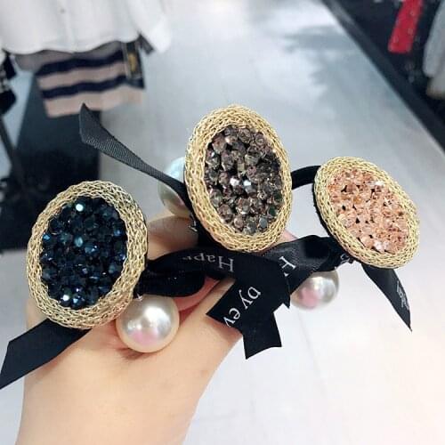 Women Fashion Flash Diamond Golden Round Hair Ties Lady Bowknot Pearl Rubber Bands