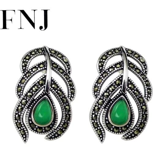 FNJ 925 Silver Earrings for Women Jewelry Green Agate Original S925 Sterling Silver Stud Earring MARCASITE Feather