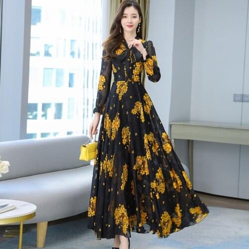 Women Long Floral Chiffon Jacquard Dress Spring Summer 2021 Runway Elegant Maxi Boho Retro Fairy Casual Vacation Party Vestidos