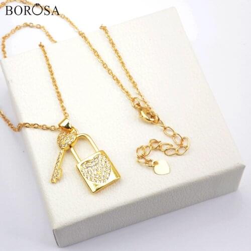 Gold Color CZ Lock Key Chain Necklace for Women Fashion Micro Paved Heart Statement Necklace Charms Jewelry Girl Gifts WX1580