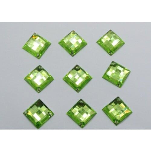 100 Soft Green Flatback Acrylic Square Rhinestone Button 14mm Sew on bead