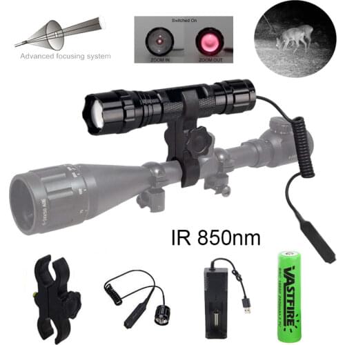 5W IR850nm Night Vision Flashlight Tactical Infrared Radiation IR Zoomable Hunting Weapon Light+Switch+18650+Rifle Mount+Charger