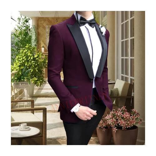 ANNIEBRITNEY Tailored Plus Size Burgundy Mens Suits Formal Prom Blazer Groom Wedding Suits Slim fit Tuxedo Business Jacket Pants