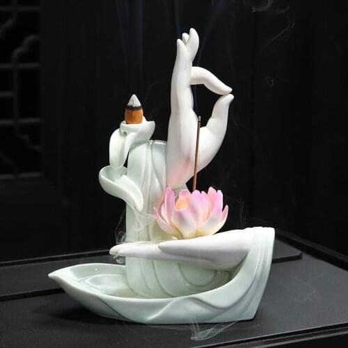 White Ceramic Bergamot Incense Burner Smoke Waterfall Backflow Incense Holder Lotus Flower Stick Incense Burner Home Decoration