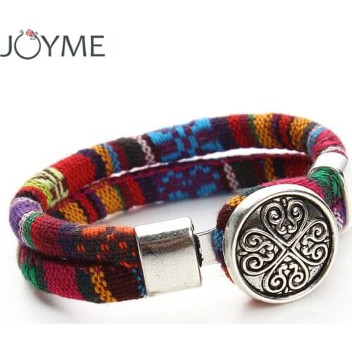Bohemian Snap Button Bracelet Multicolor Cotton Cords Tibetan Silver Color Ethnic Charm Flower Boho Bracelet Pulseras Mujer