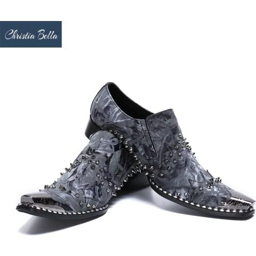 Christia Bella Fashion Rivets Genuine Leather Men Business Shoes Large Size Slip On Metal Pointed Toe Formal Dress Men Shoes