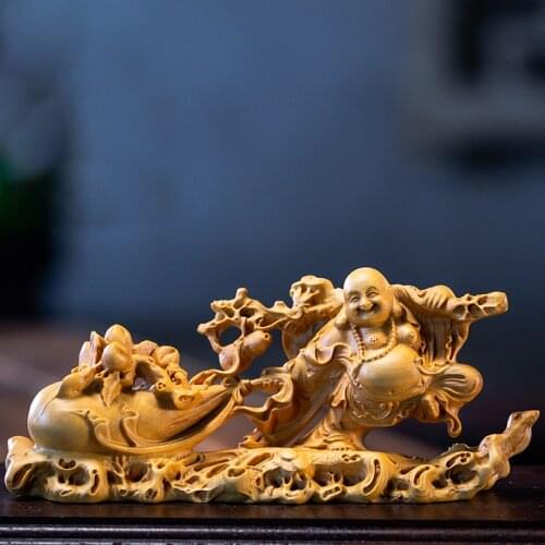 Boxwood 12 14 16cm Maitreya Sculpture Wood Buddha Statue Collection Laughing Buddha Blessing Home Decor