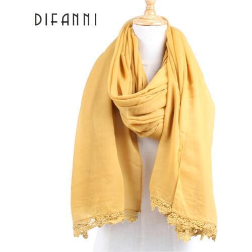 [DIFANNI] Ladies Lace edges beautiful hijabs Scarves Women Plain/solid Cotton Head Scarf oversize Long wrap Shawls