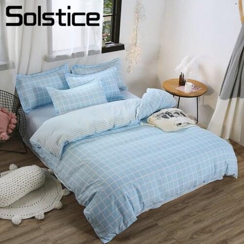 Solstice Home Textile Blue Stripe Plaid Simple Bedding Sets Duvet Cover Pillowcase Flat Sheet Boy Kid Child Girl Adult Bed Linen