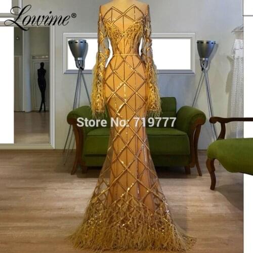 Elegant Mermaid Evening Dresses With Feather Long Sleeves Women Formal Gown Arabic Muslim Party Dress Robe De Soiree 2019 Custom
