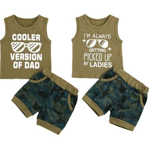 2Pcs Baby Boy Summer Clothes Set Outfits Casual Letter Print Sleeveless Tops + Camouflage Shorts Set 0-24M