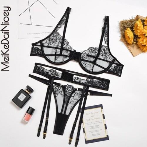MeiKeDaiNicey 3-piece Lace Bra Set Women Floral Bra Underwire + Thong Sexy Underwear See Through Lingerie Set