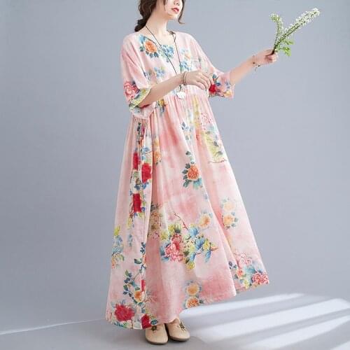 Summer Dress 2021 New Arrival Print Floral Vintage Women Dress Thin Soft Cotton Linen Plus Size 5XL 6XL Women Casual Long Dress