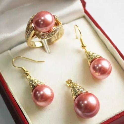 HOT sell new Style Genuine pink Shell Pearl Diamante Earrings Ring Necklace Pendant Set