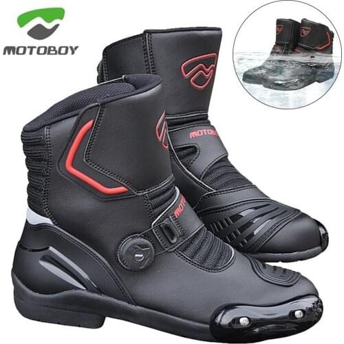 Free shipping 1pair MOTOBOY Motorcycle Boots Waterproof High Fiber Leather Racing Motocross Ankle Breathable Motorbike Shoes