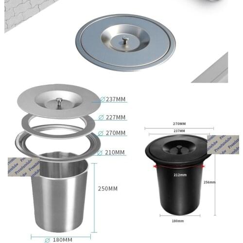 8L Stainless Steel Countertop Bench Top Mount Waste Garbage Trash Bin Lid Cover Built-in Flush Brush Matte Black Powder Coated