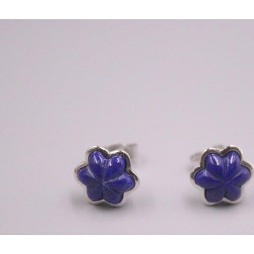 Genuine Real 925 Sterling Silver with Natural Lapis Lazuli Flower Stud Earrings 0.40inch Width