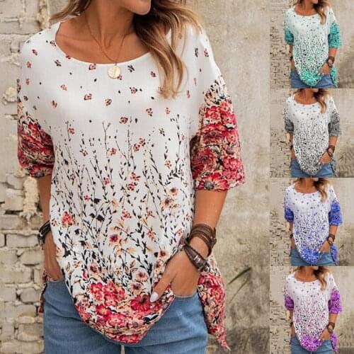 New Floral Print Loose Round Neck Short Sleeve T-shirt Casual Plus Size Womens Top Fashion Pullover Shirt Ladies Flower Tee